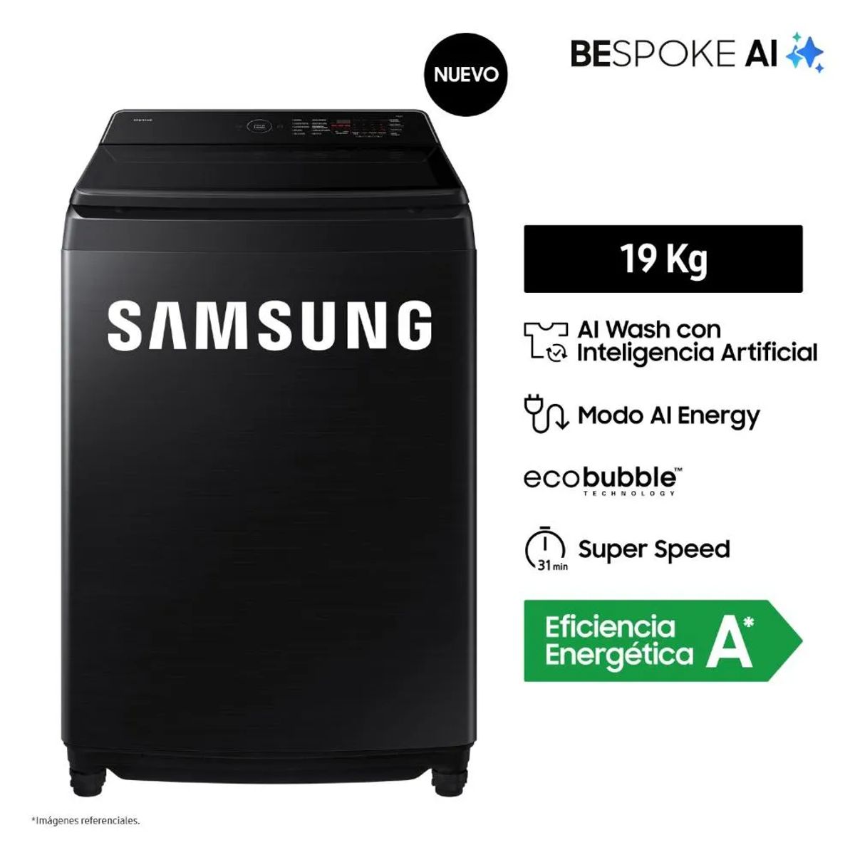 SAMSUNG - Lavadora 19KG AI Wash EcoBubble Negra Samsung WA80F19S8BPE