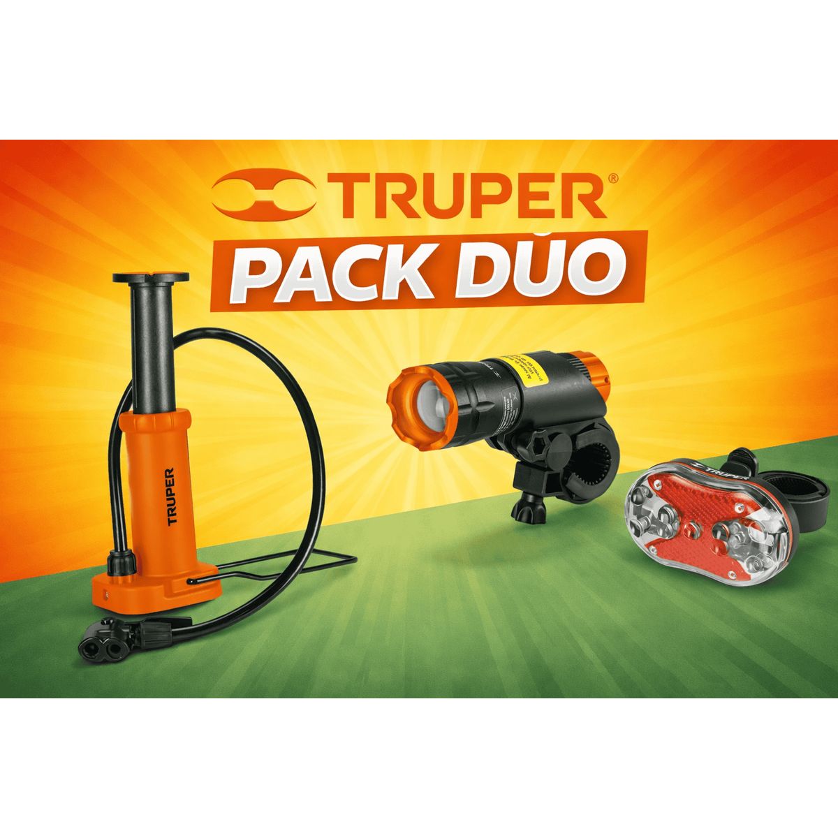 Truper - PACK DUO BOMBA DE PEDAL Y LINTERNA DE BICICLETA