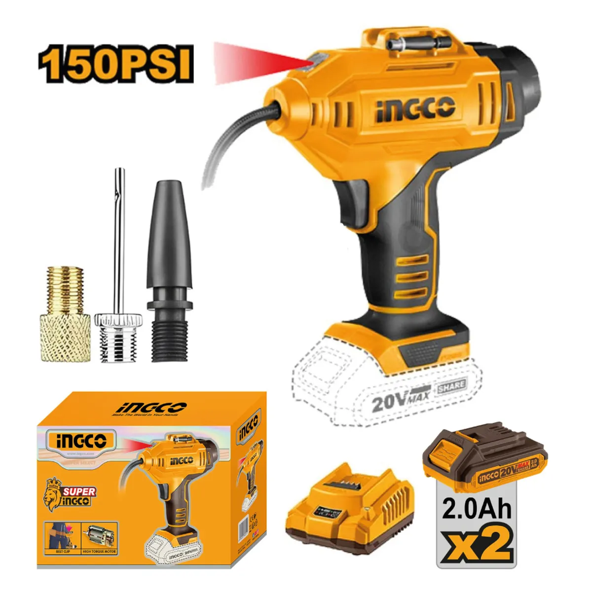 INGCO TOOLS - Compresor Inflador de Aire Ingco 20V + 2 Baterías + Cargador CACLI2018