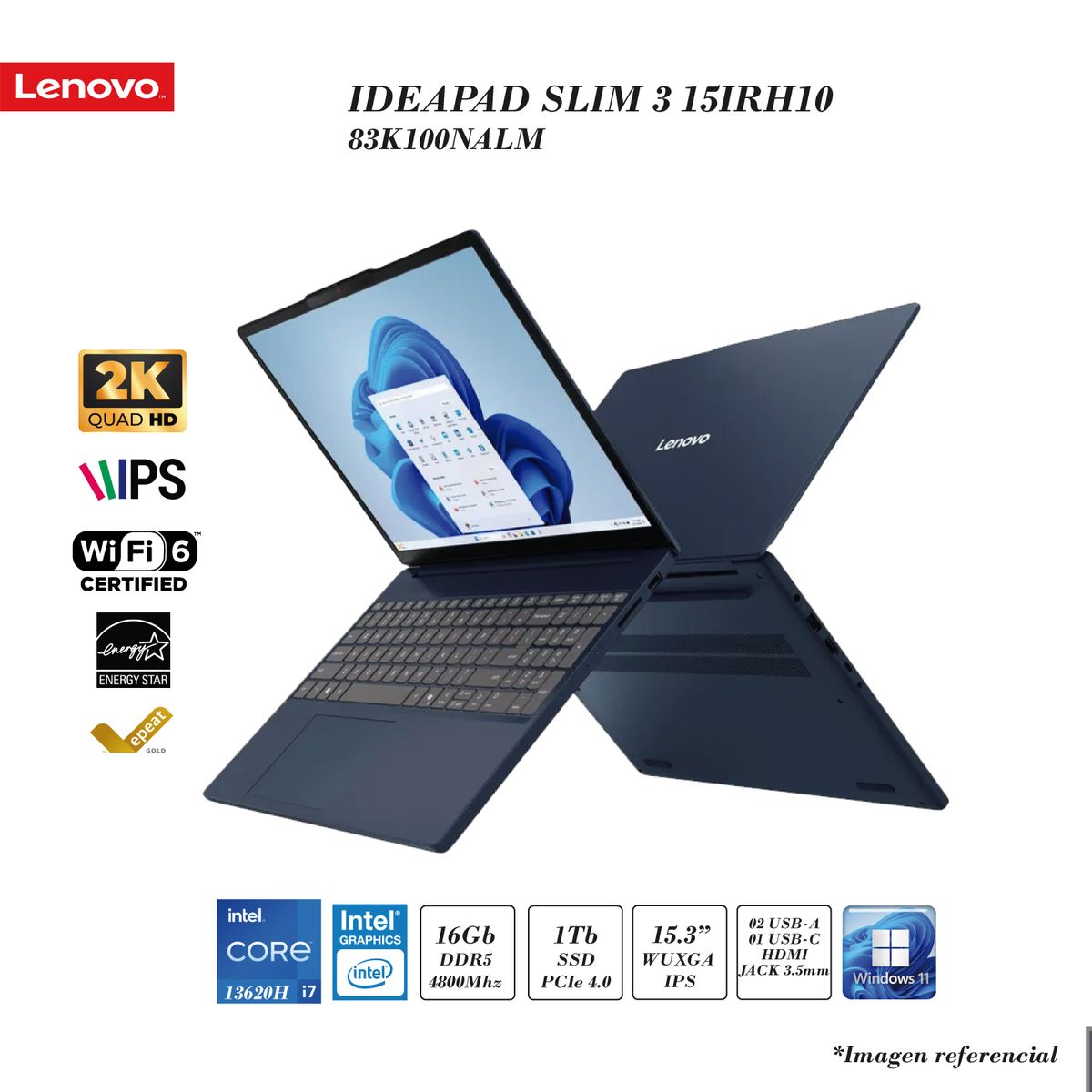 LENOVO - LAPTOP LENOVO IDEAPAD SLIM 3 INTEL I7-13620H 16GB DDR5 1TB SSD INTEL UHD 15.3" 2K BLUE FD