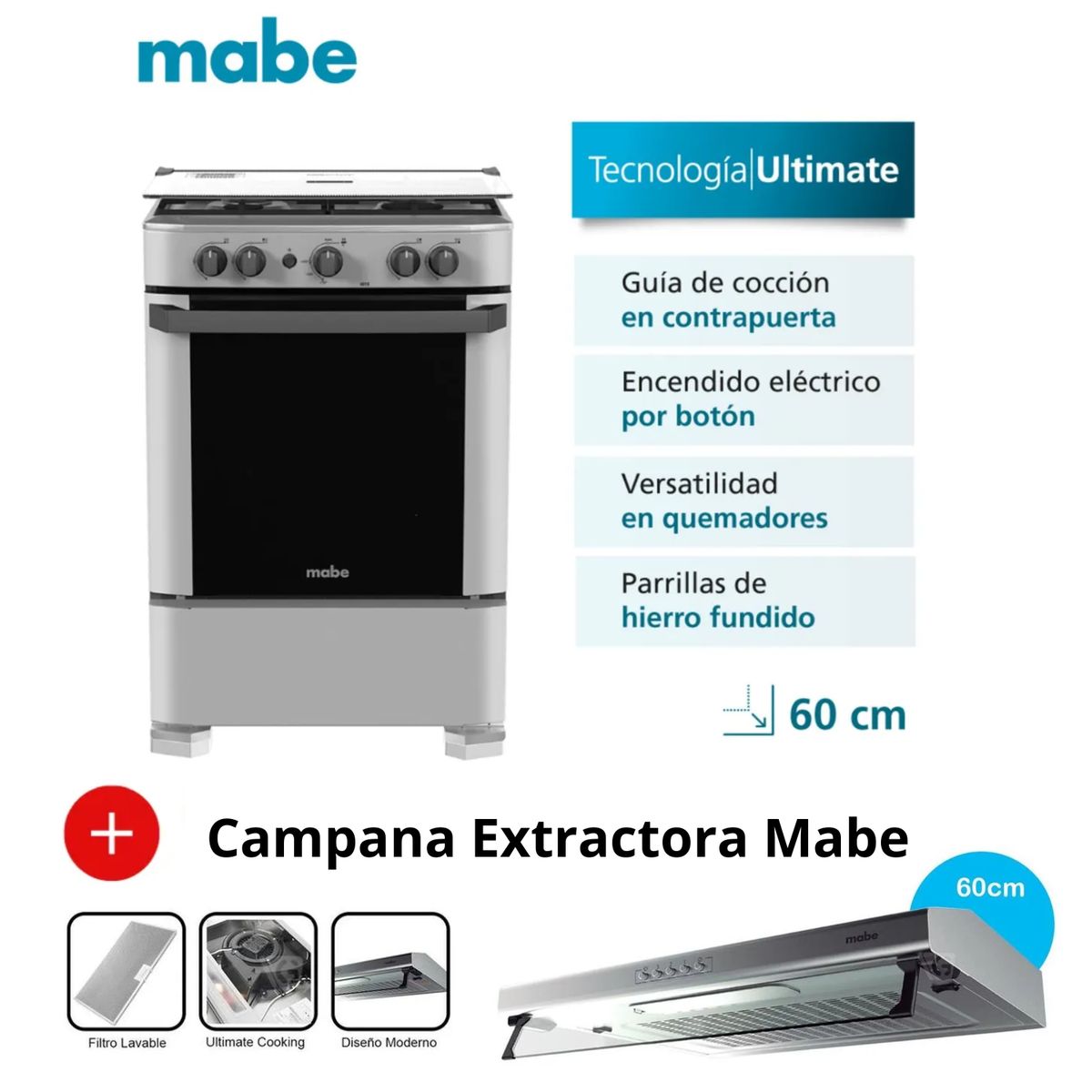 MABE - COCINA MABE CMP6010FG1 A GAS DE 4 HORNILLAS SILVER + CAMPANA MABE
