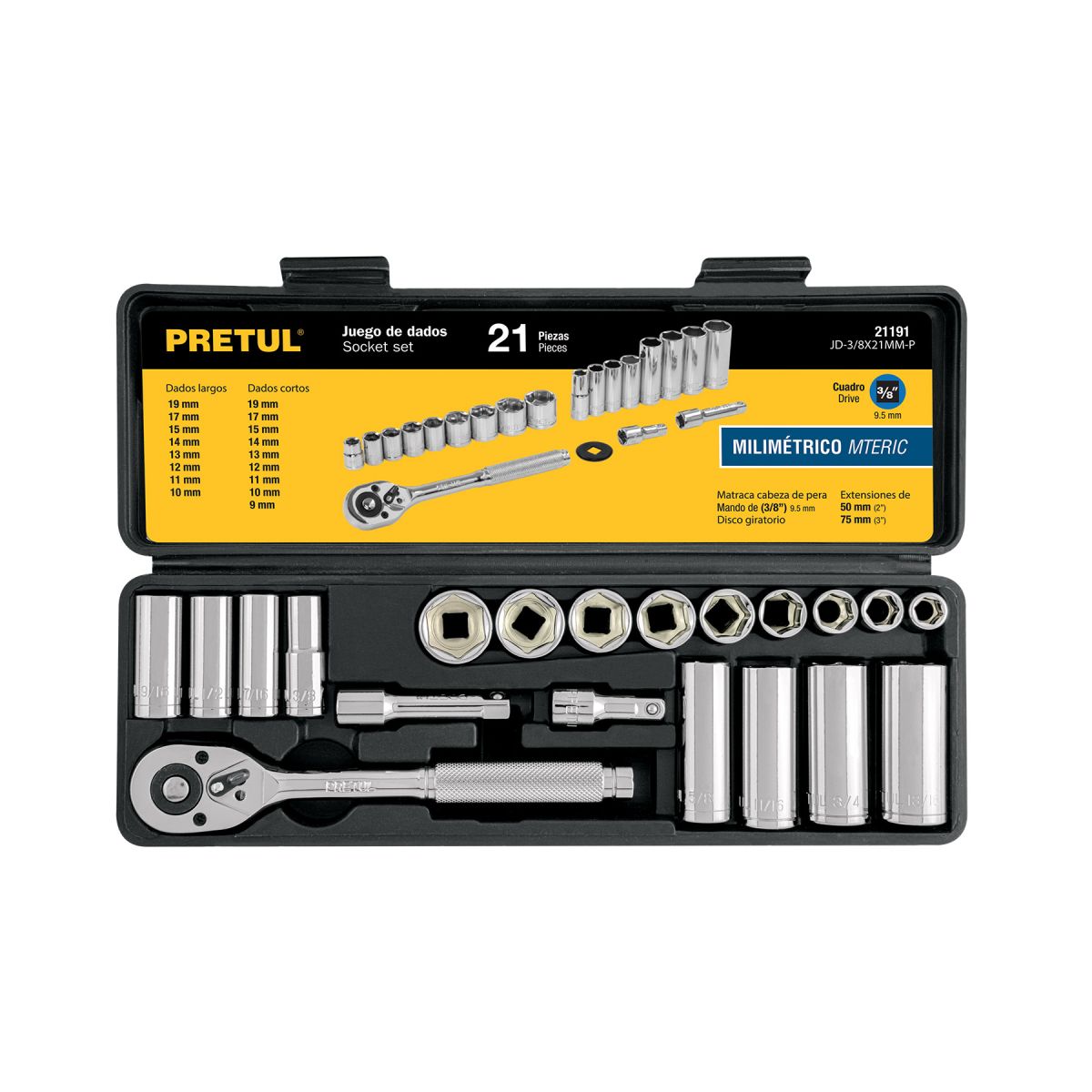 PRETUL - Juego de 21 herramientas 3/8" mm para mecánico, PRETUL