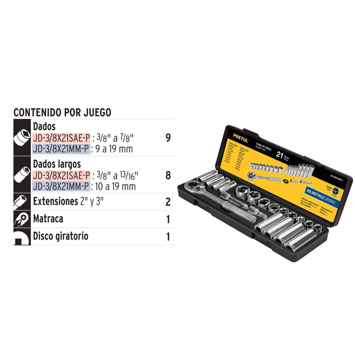PRETUL - Juego de 21 herramientas 3/8" mm para mecánico, PRETUL