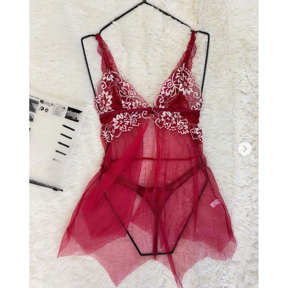 GENERICO - BABYDOLL LENCERIA COLOR VINO DE ENCAJE FLORAL TRANSPARENTE CON TIRAS AJUSTABLE