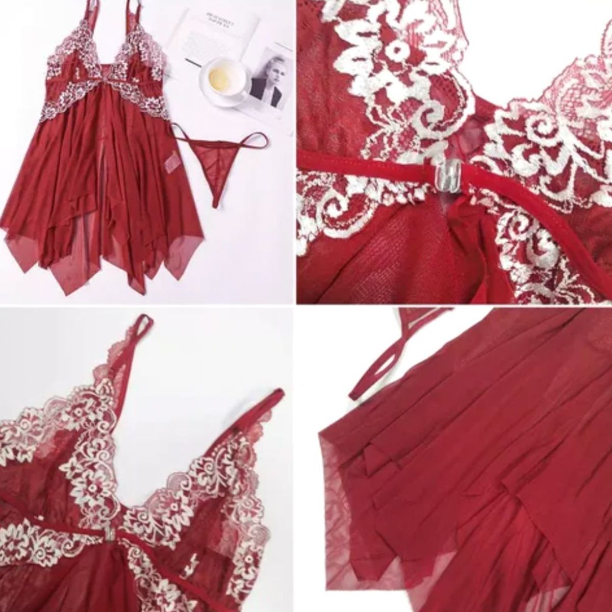 GENERICO - BABYDOLL LENCERIA COLOR VINO DE ENCAJE FLORAL TRANSPARENTE CON TIRAS AJUSTABLE