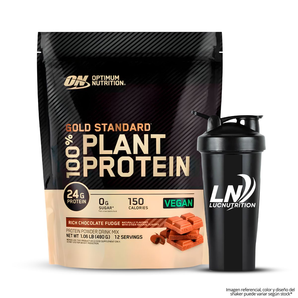 Optimum Nutrition - Proteína Vegana Gold Standard 100% Plant Protein / 480 gramos - Rich Chocolate Furge + Shaker