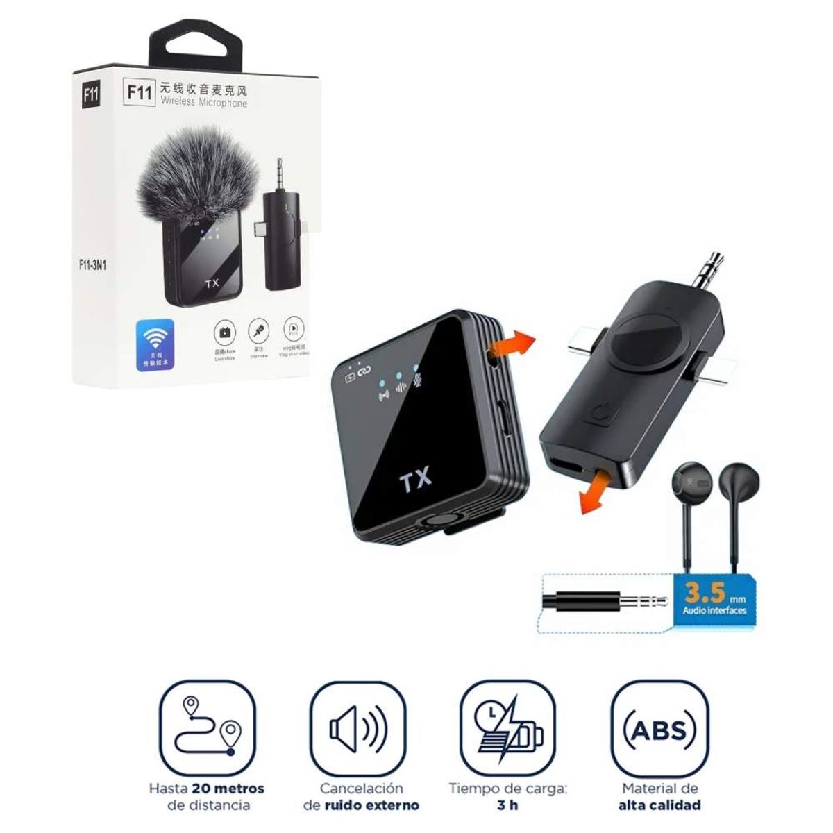 GENERICO - Micrófono Solapero Para Celular Cámara Inalámbrico F11 Tipo C Lightning  Auxiliar