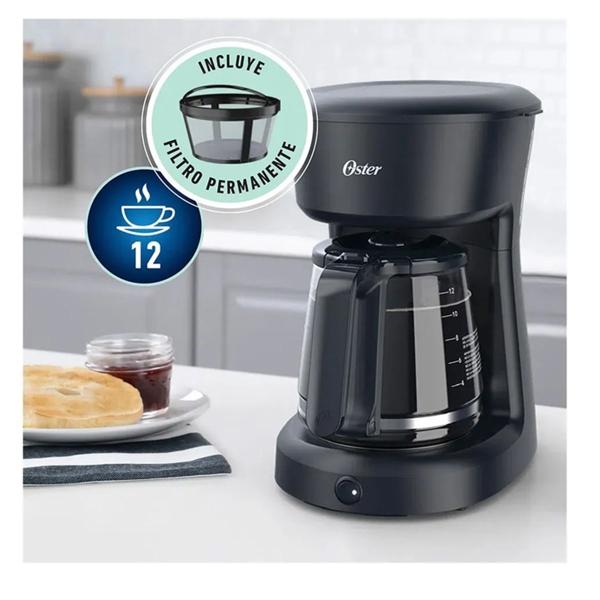 OSTER - Cafetera Oster 12 Tazas con Filtro Permanente Color Negro BVSTDCS12B