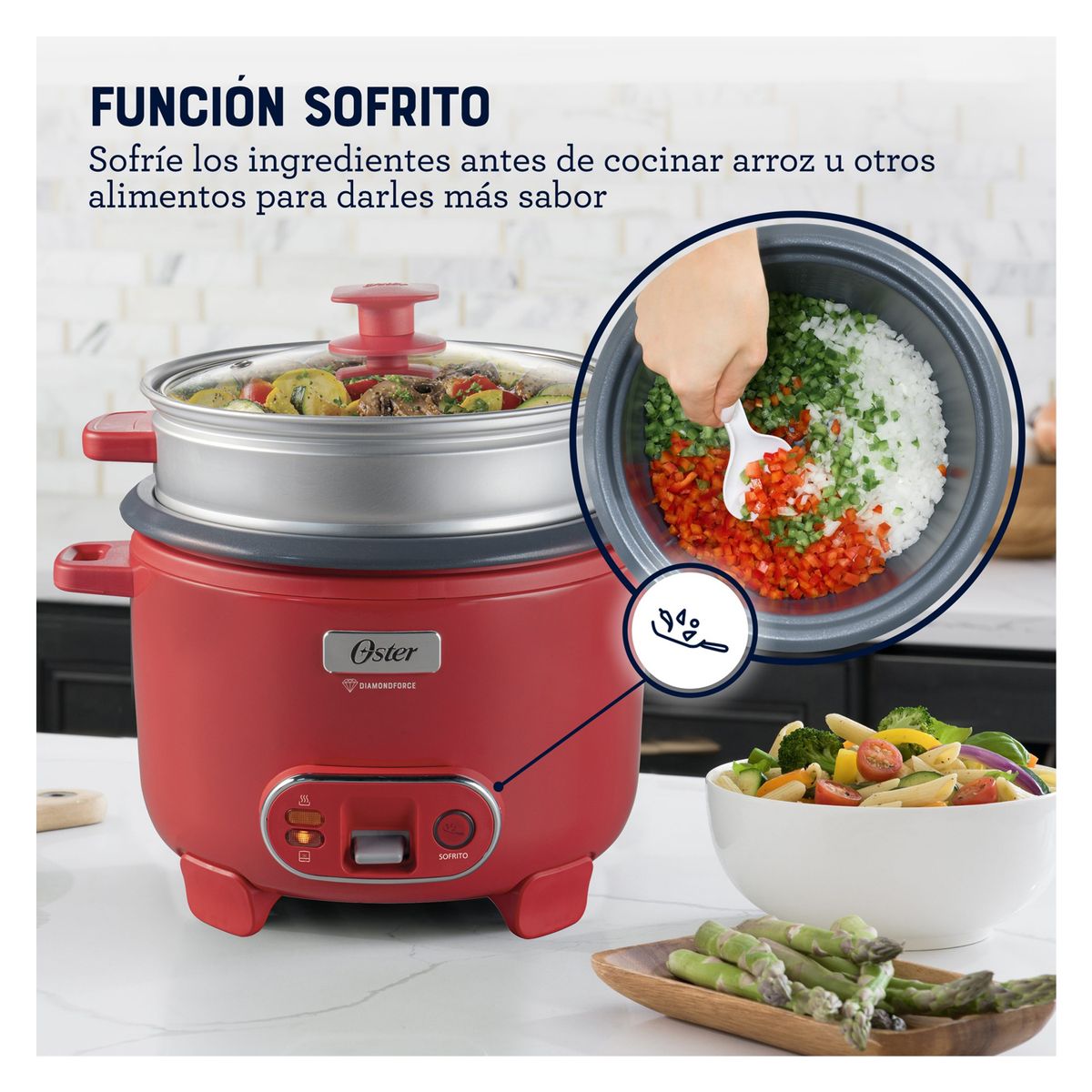 OSTER - Olla Arrocera Oster 1.8L 3 en 1 Función de Sofrito Vaporera Rojo