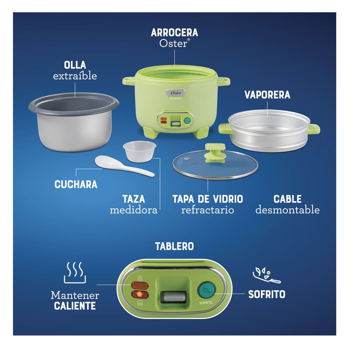 OSTER - Olla Arrocera Oster 1.8L 3 en 1 Función de Sofrito Vaporera Verde