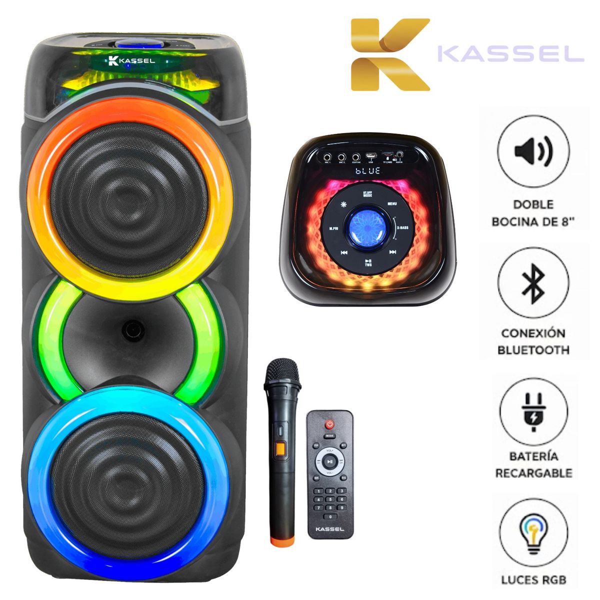Torre de Sonido Kassel K2822 con 02 Bocinas de 8 pulg, Karaoke Luces LED RGB, marca GENERICO - Foto Principal