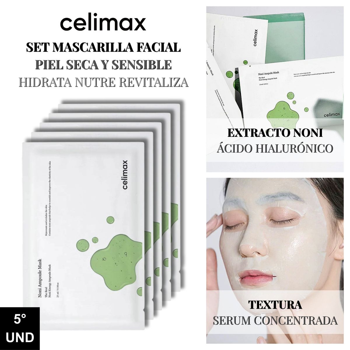 CELIMAX - Set Mascarilla Facial Piel Seca y Sensible - The Real Noni Energy Ampoule Mask 5und