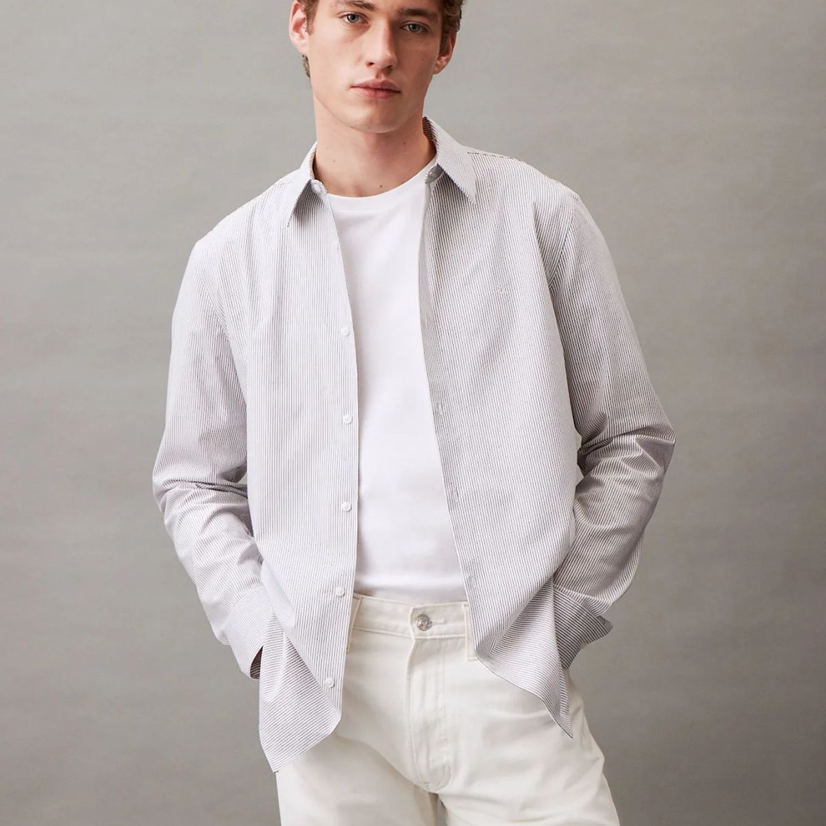 CALVIN KLEIN - Camisa de manga larga slim stretch a rayas finas