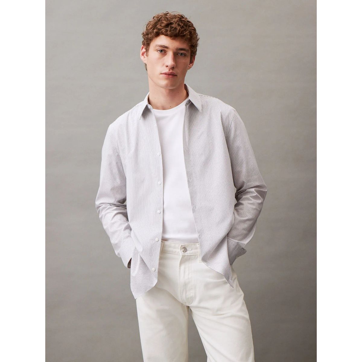 CALVIN KLEIN - Camisa de manga larga slim stretch a rayas finas