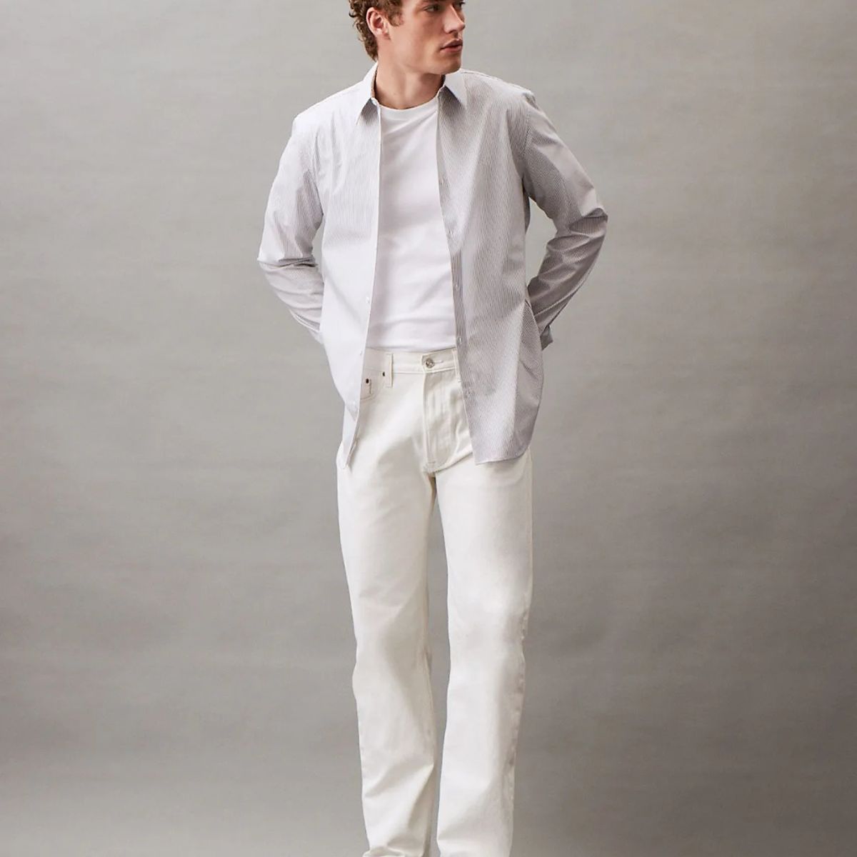 CALVIN KLEIN - Camisa de manga larga slim stretch a rayas finas