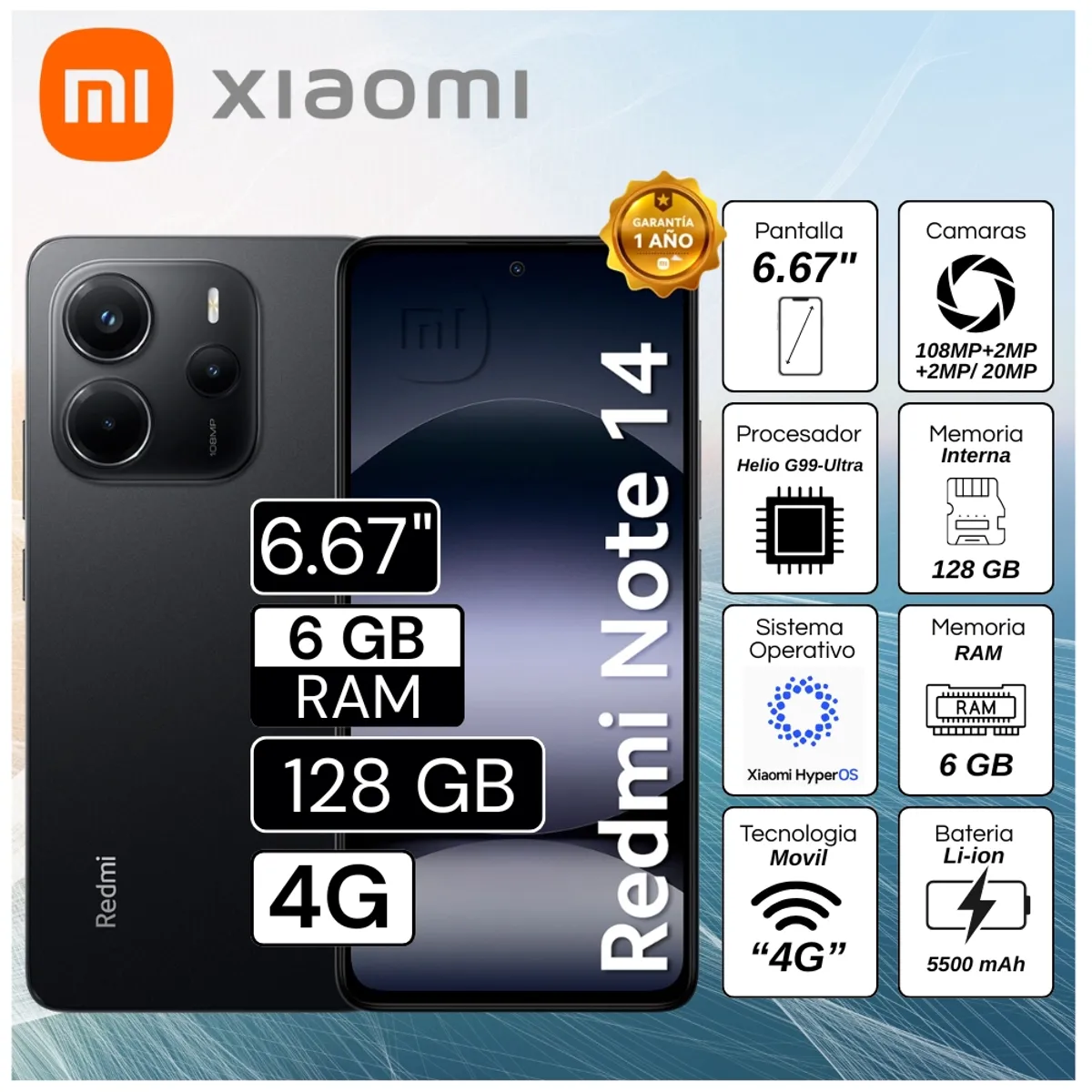 XIAOMI - Celular Xiaomi Redmi Note 14 6GB RAM 128GB 6.67"  Pulg. Xiaomi HyperOS - Midnight Black