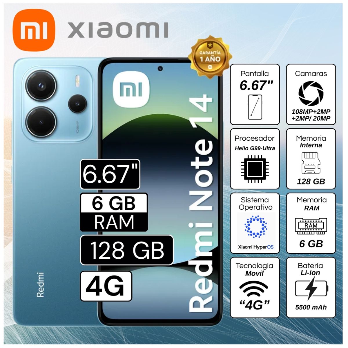 XIAOMI - Celular Xiaomi Redmi Note 14 6GB RAM 128GB 6.67"  Pulg. Xiaomi HyperOS -  Ocean Blue