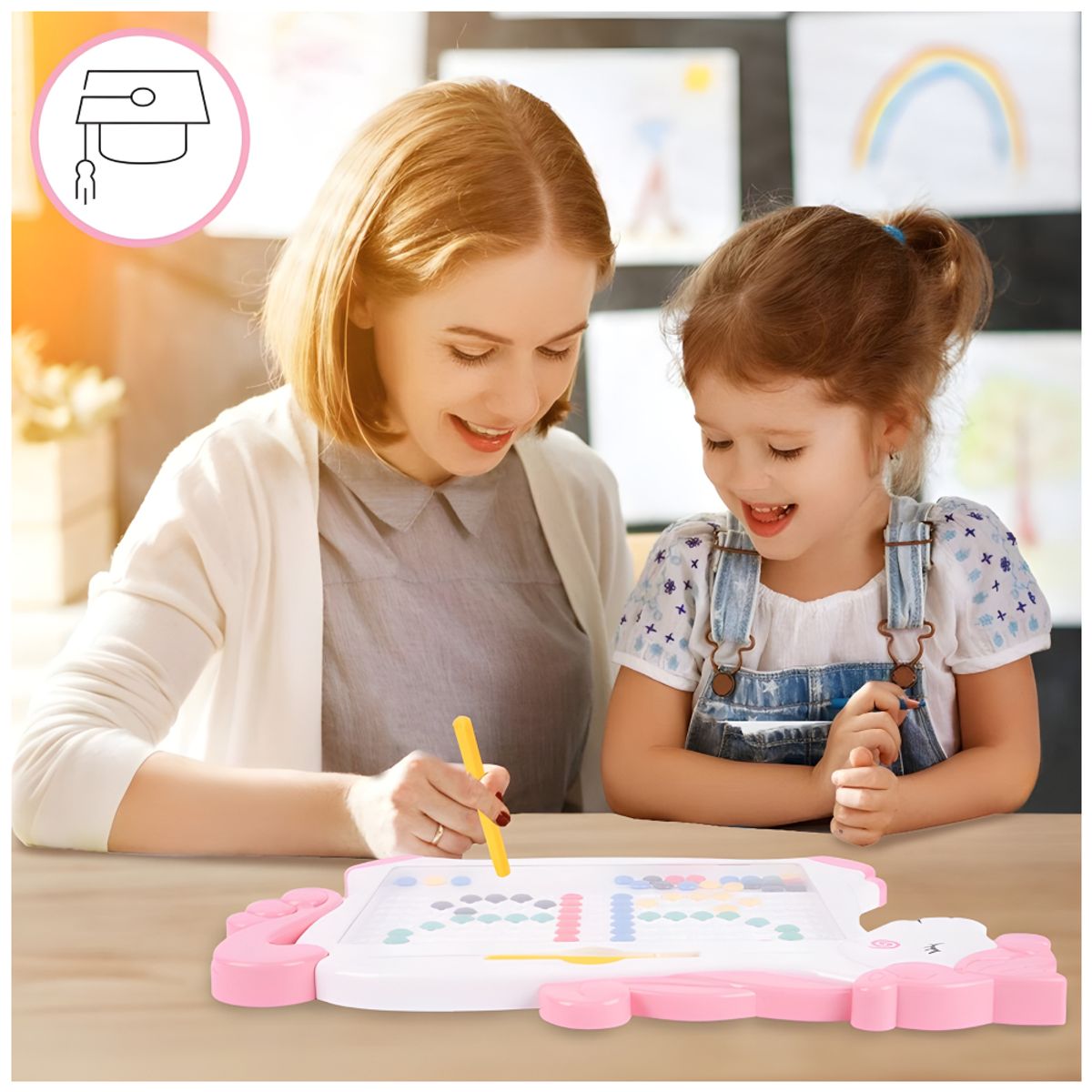 GENERICO - Pizarra Magnética Infantil Unicornio Rosa con Fichas y Tarjetas