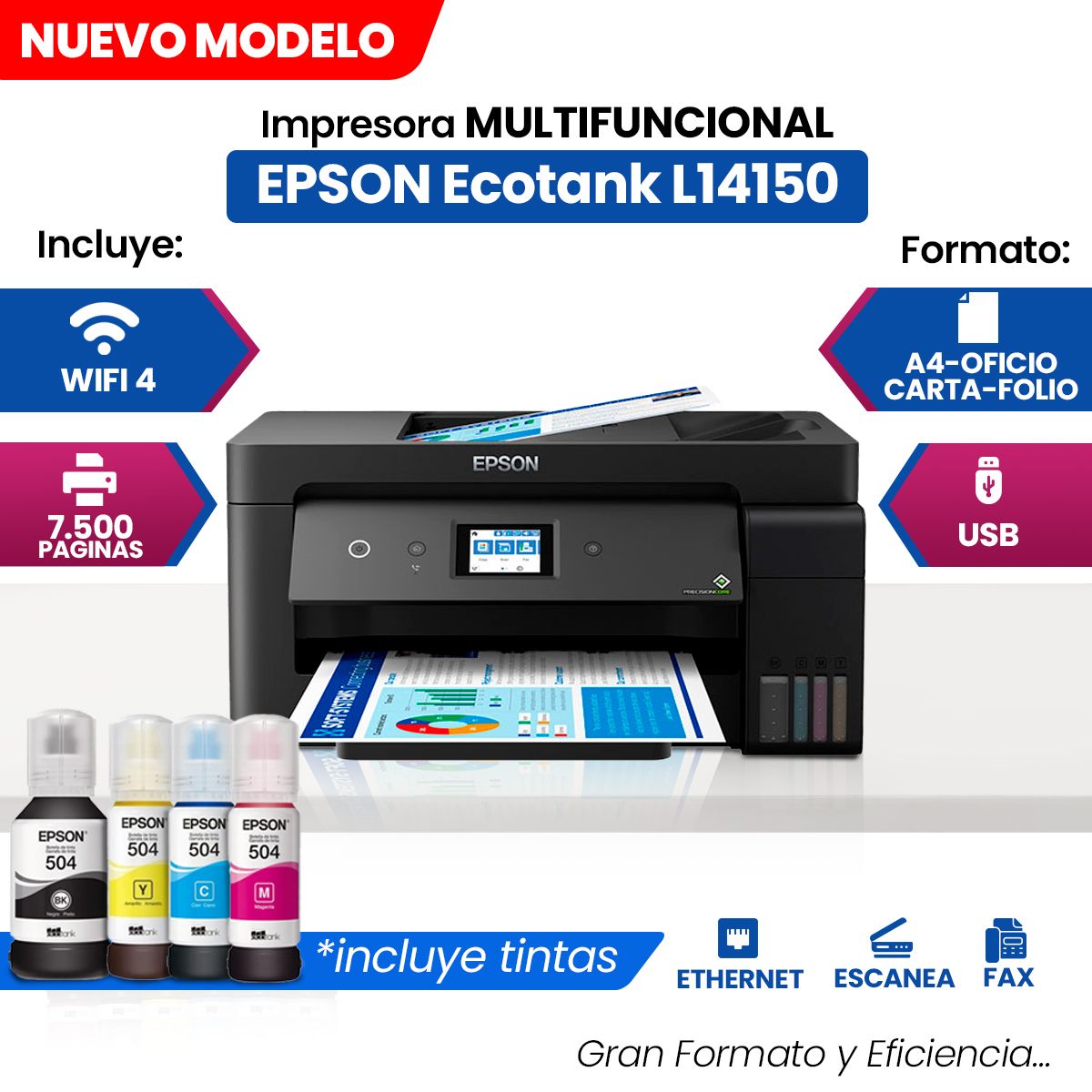 EPSON - Impresora Multifuncional de tinta Epson EcoTank L14150 imprime escanea copia Fax Wi-Fi USB Ethernet