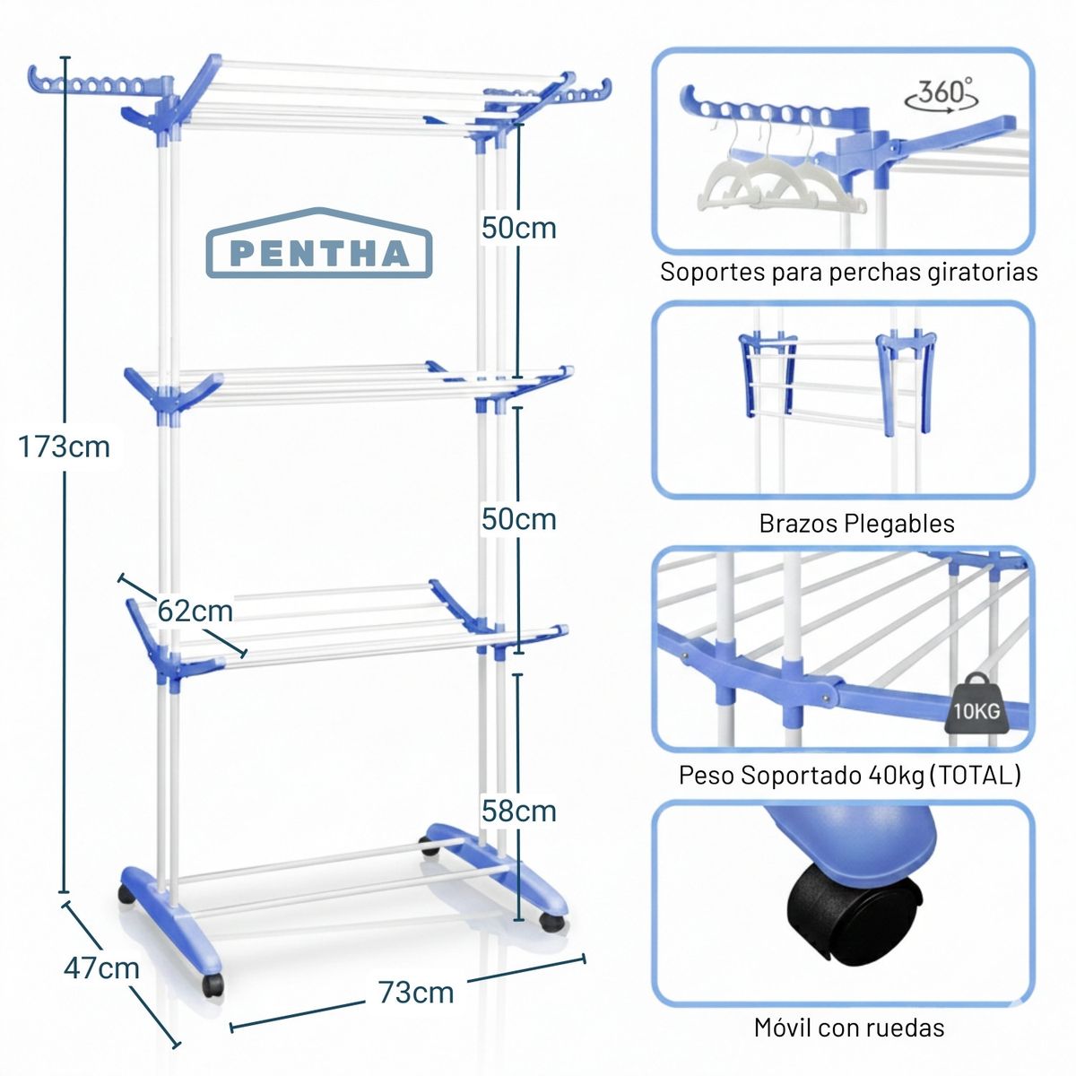 Pentha - Tendedero Rack Secador de Ropa con Ruedas 3 Niveles