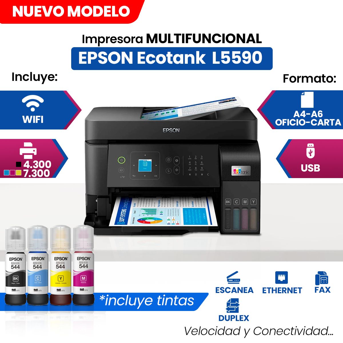 EPSON - Impresora Impresora Multifuncional Epson EcoTank L5590 Imprime Escanea Copia Fax USB LAN Wi-Fi