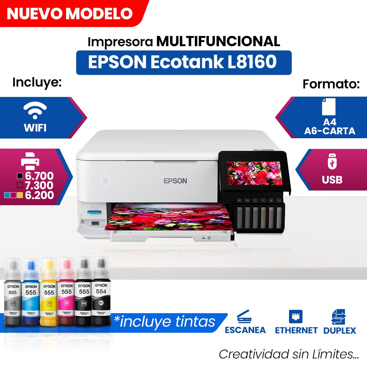 EPSON - Impresora Multifuncional de tinta Epson EcoTank L8160, imprime escanea copia, LAN Wi-Fi USB 2.0