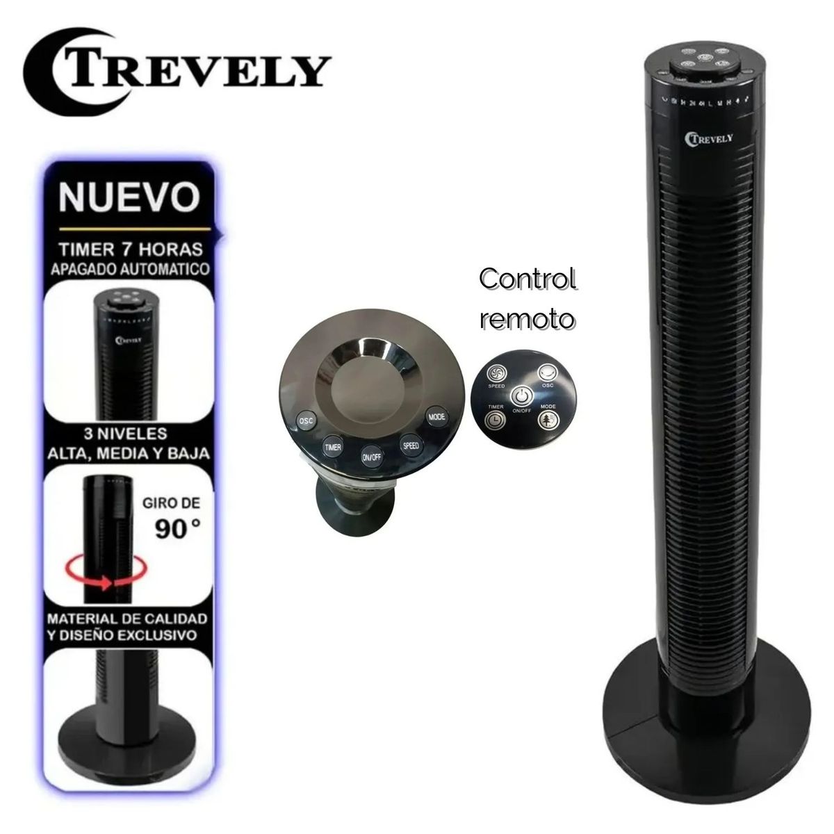 TREVELY - Ventilador Torre Trevely VT-145 con Control Remoto 80Cm Alto 45 Watts