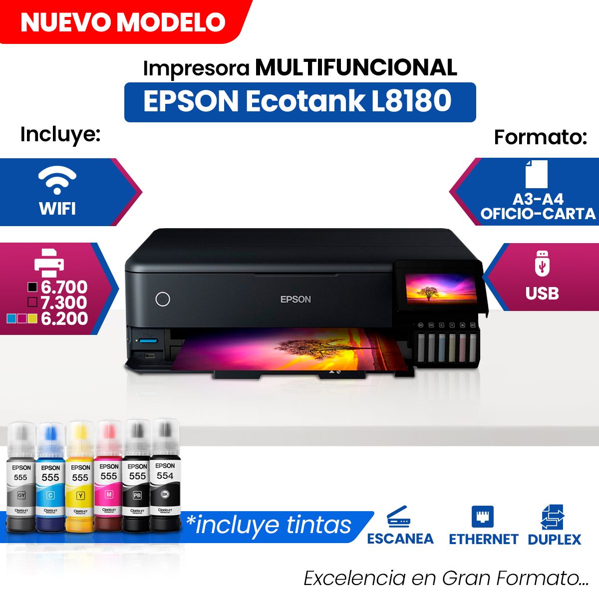 EPSON - Impresora Multifuncional de tinta Epson EcoTank L8180 imprime escanea copia LAN Wi-Fi USB 2.0