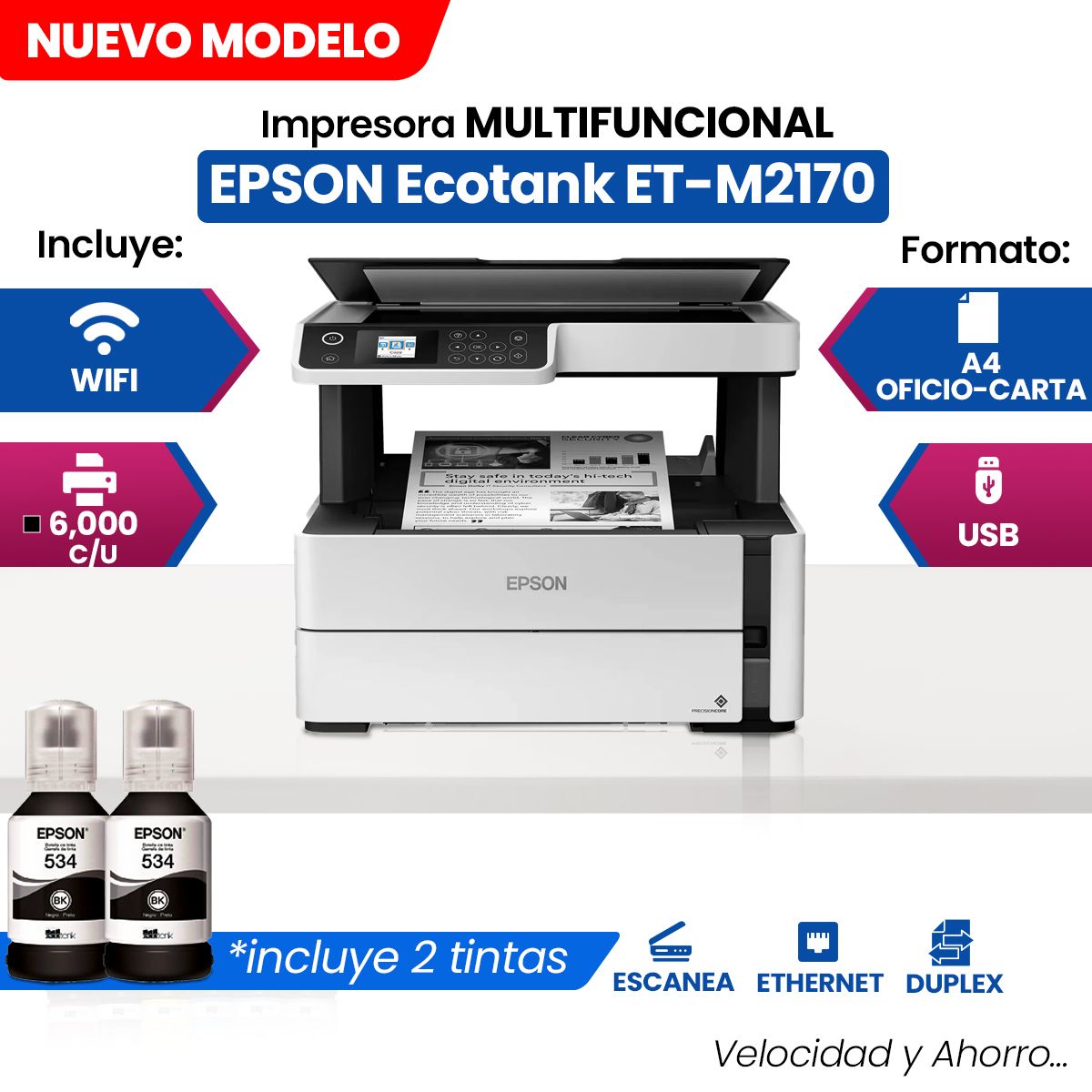 EPSON - Impresora Multifuncional de tinta Epson EcoTank ET-M2170, imprime escanea copia USB LAN WiFi