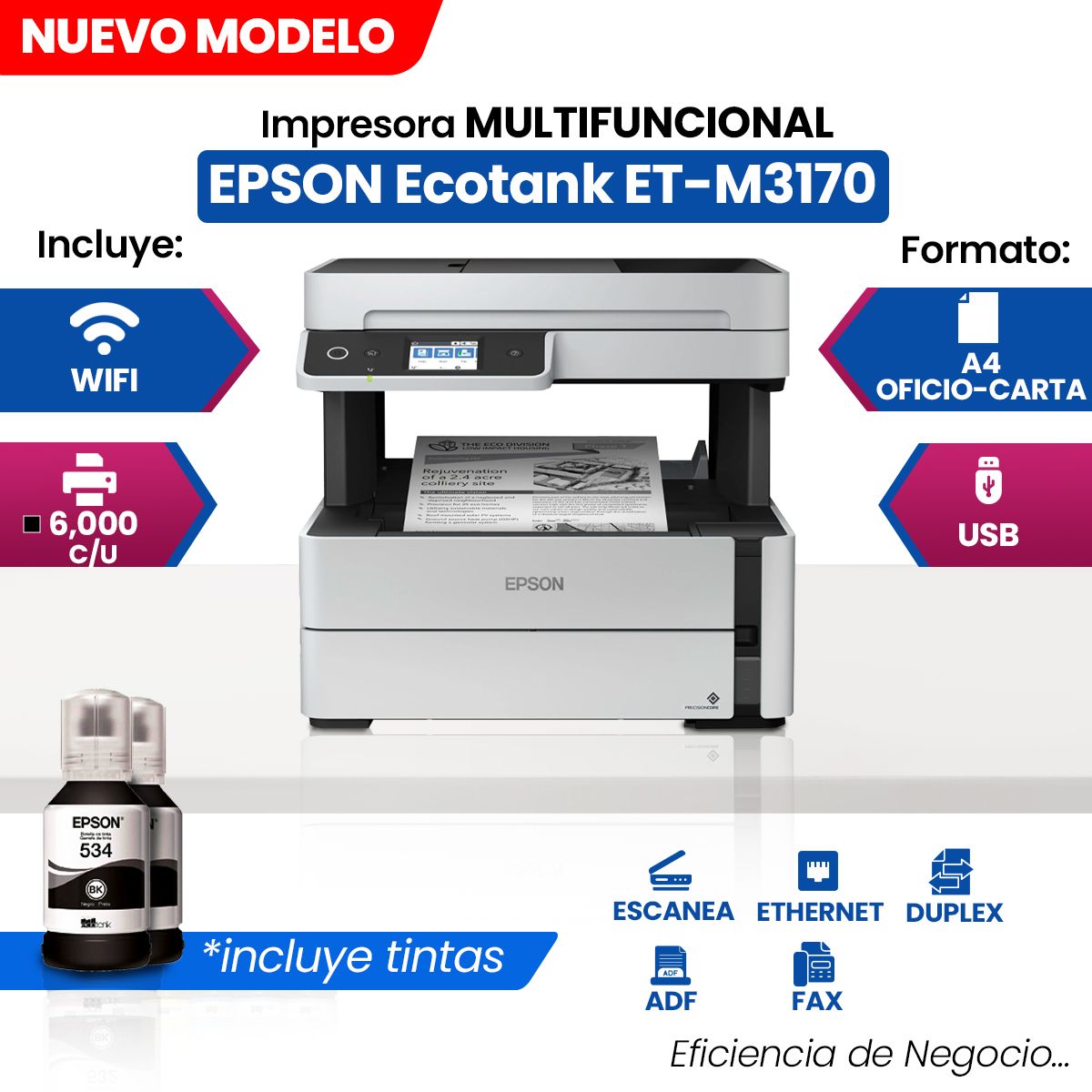 EPSON - Impresora Multifuncional de tinta Epson EcoTank ET-M3170 imprime escanea copia fax USB LAN WiFi