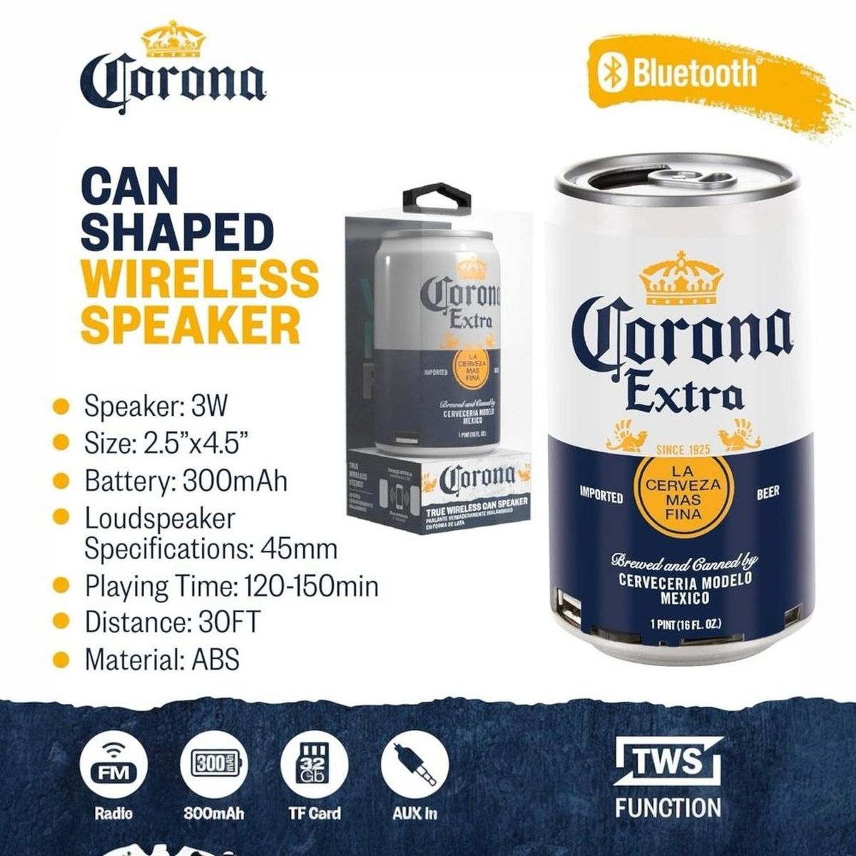 GENERICO - PARLANTE PORTÁTIL BLUETOOTH EN FORMA DE LATA CORONA EXTRA