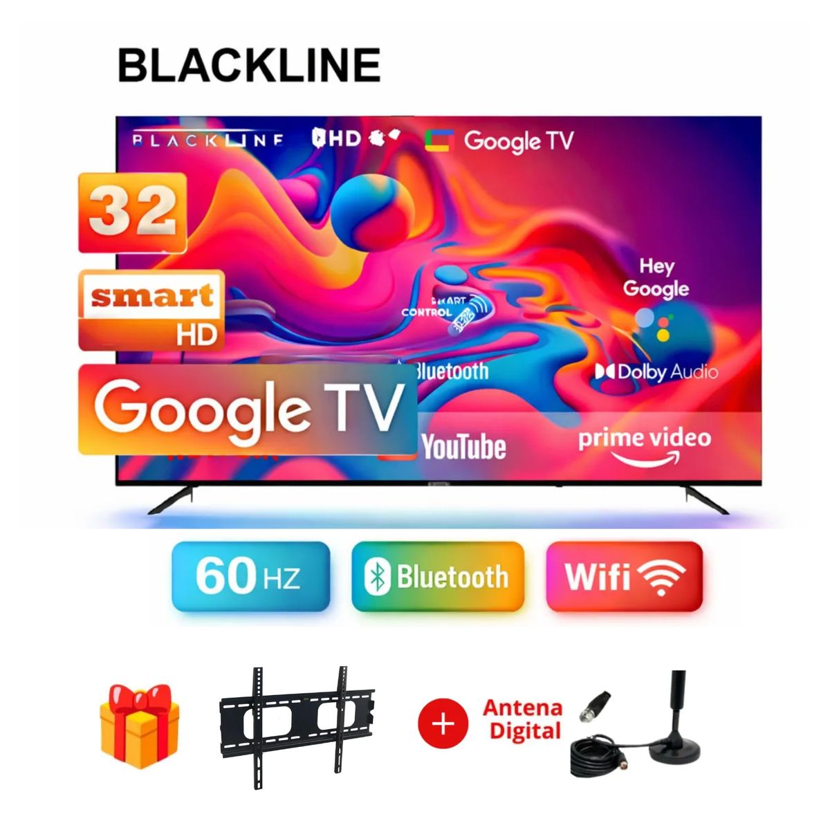 BLACKLINE - Televisor BLACKLINE LED 32 HD Smart TV BL32-T3000HD + ANTENA + RACK