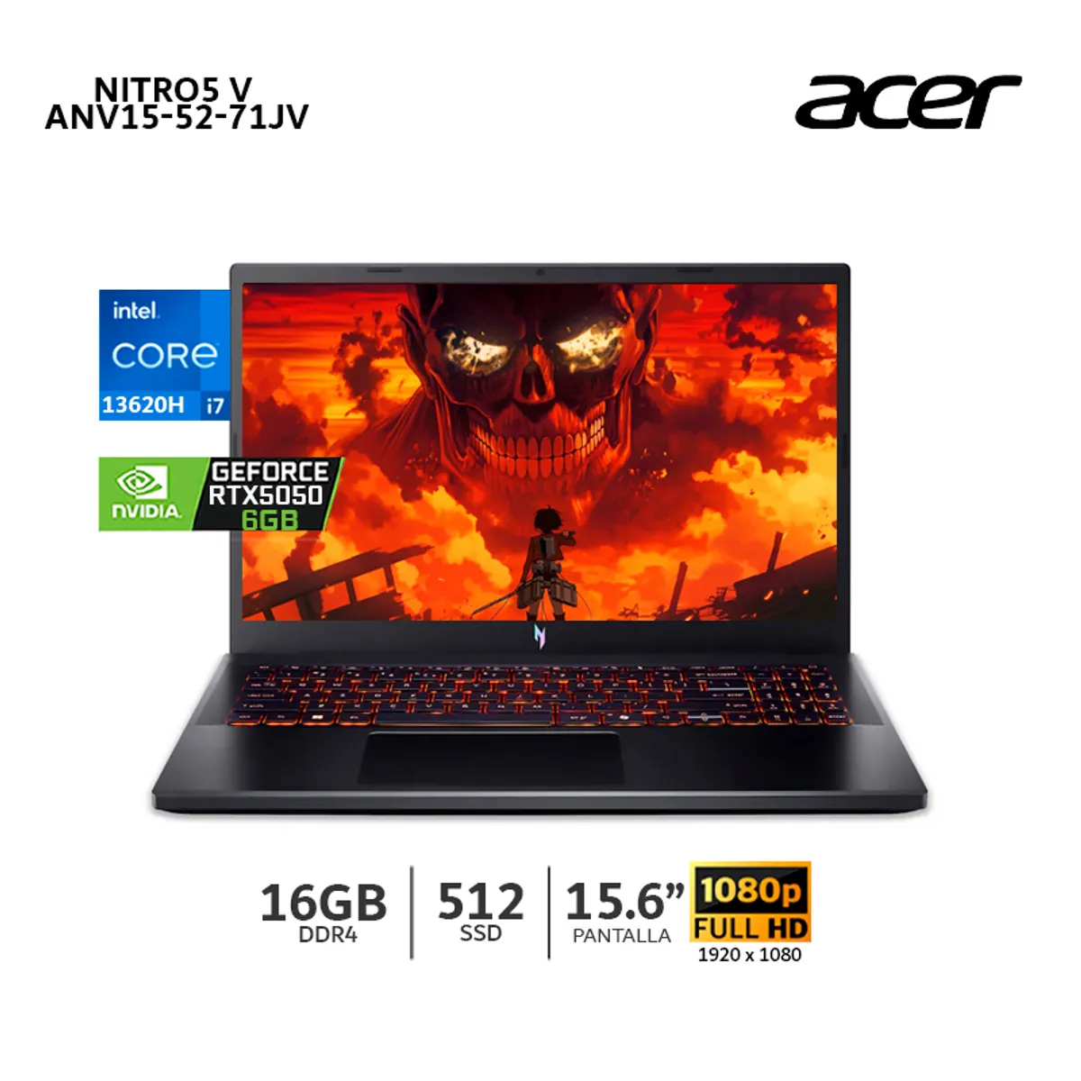 ACER - Laptop Acer Nitro5 V ANV15-52-71JV Ci7-13620h 16Gb Ram,512Gb SSD,15.6" FHD RTX 5050 6Gb-NHQZ7AL001