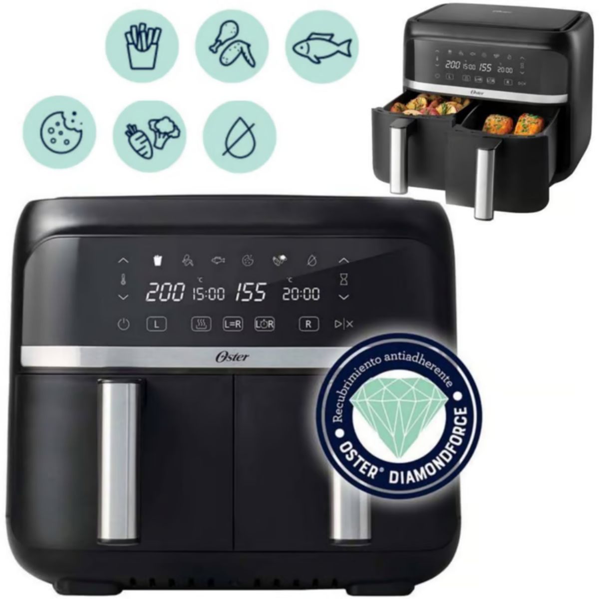 OSTER - Freidora de Aire dual Oster® de 76L con Recubrimiento DiamondForce