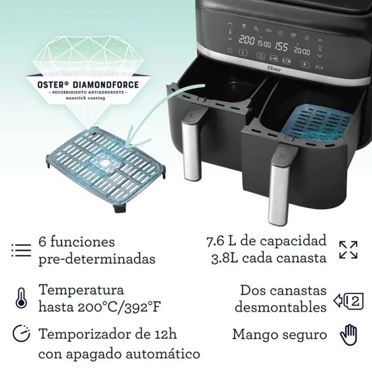 OSTER - Freidora de Aire dual Oster® de 76L con Recubrimiento DiamondForce