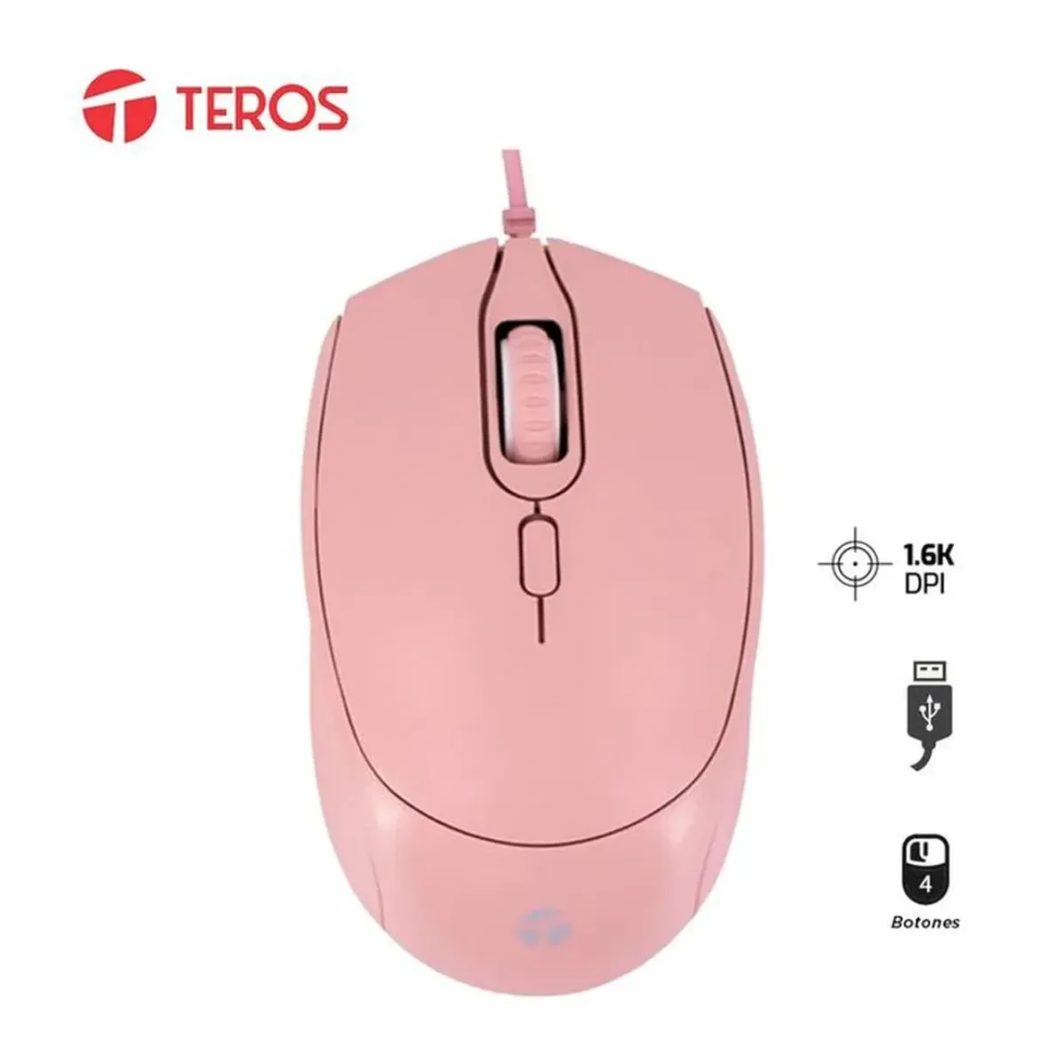 Teros - Mouse Rosado Óptico Teros Te-1226S 800-1200-1600 Dpi-Usb-4 Botones