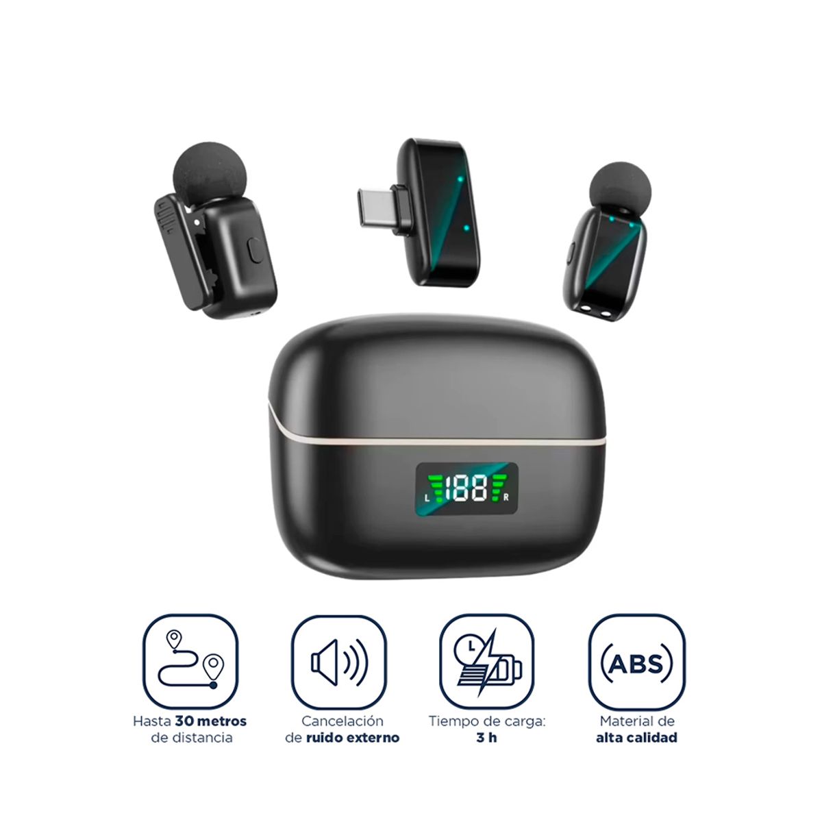 GENERICO - Micrófono Inalámbrico Solapero SX35 Mini con Cancelación de Ruido ANC 30 Horas 2 TX + 1 RX