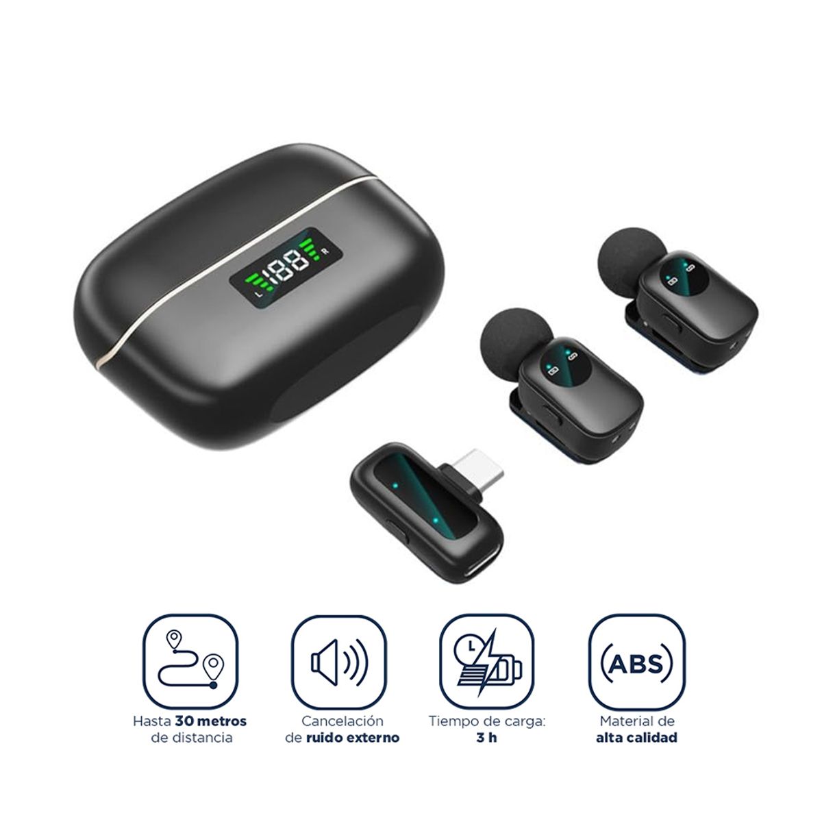 GENERICO - Mini Micrófono Inalámbrico con Cargador y ANC 30 Horas Tipo C con Estuche de Carga