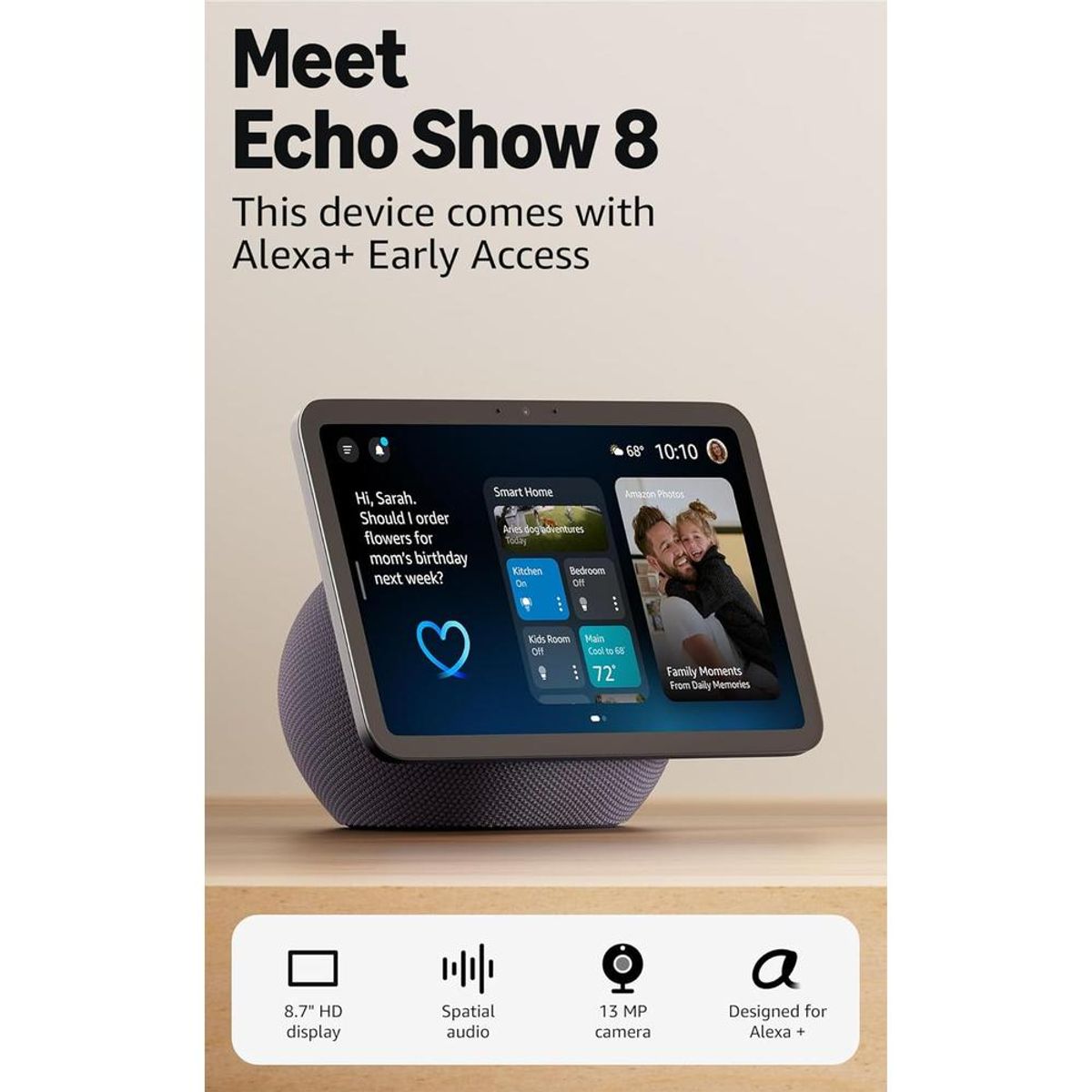 AMAZON - PARLANTE INTELIGENTE AMAZON ECHO SHOW 8 PANTALLA HD 22 CM CON AUDIO ESPACIAL Y ALEXA+ - GRAFITO
