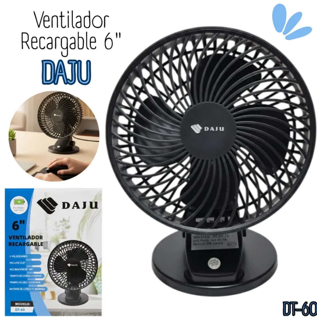 GENERICO - Ventilador portátil recargable Daju 6 DT-60