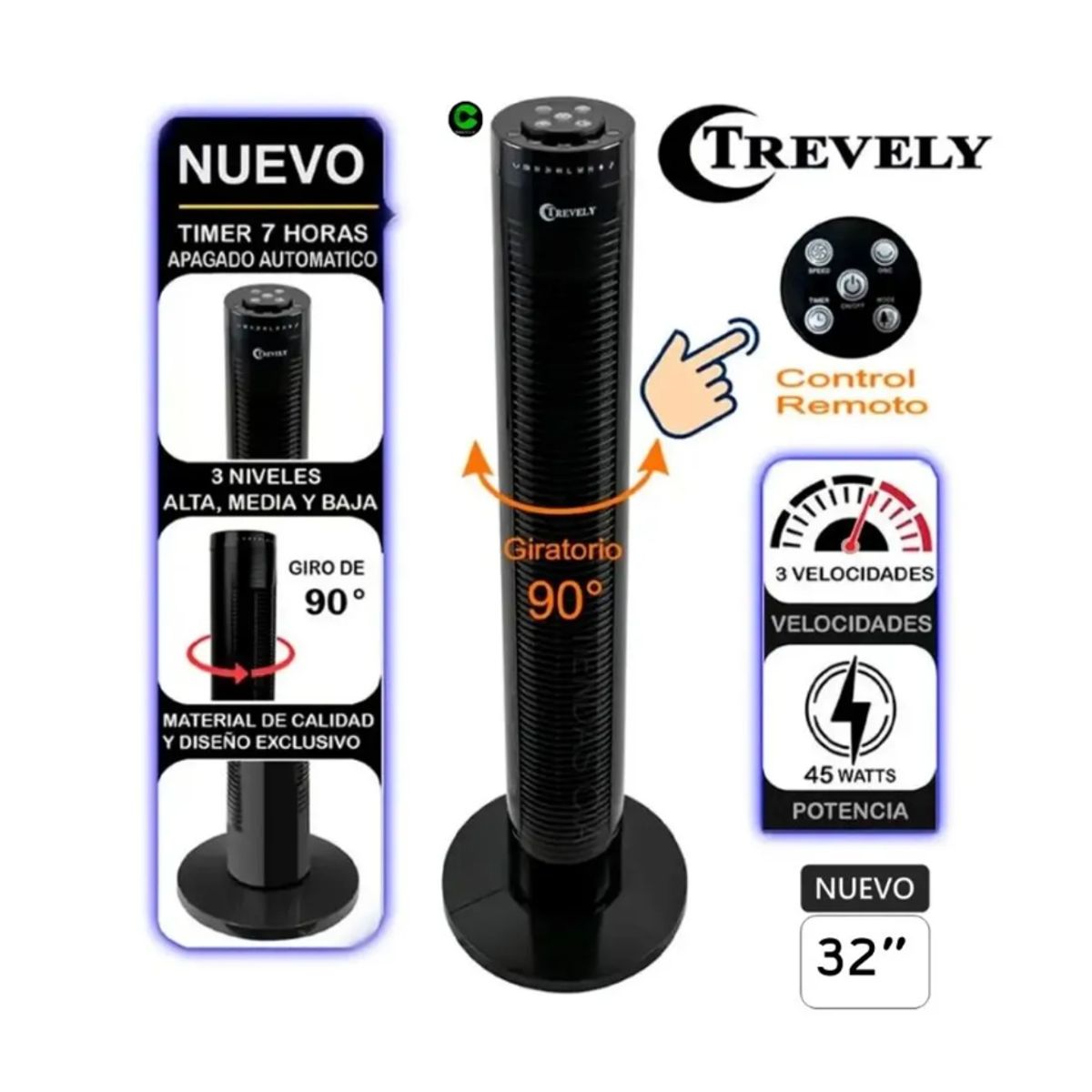 TREVELY - Ventilador Torre TREVELY Con Control Remoto de 32 Pulgadas VT-145 45W
