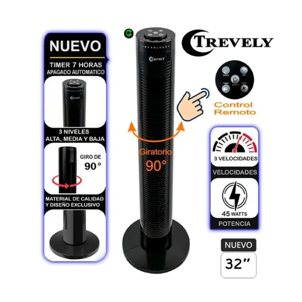 TREVELY - Ventilador Torre TREVELY Con Control Remoto de 32 Pulgadas VT-145 45W