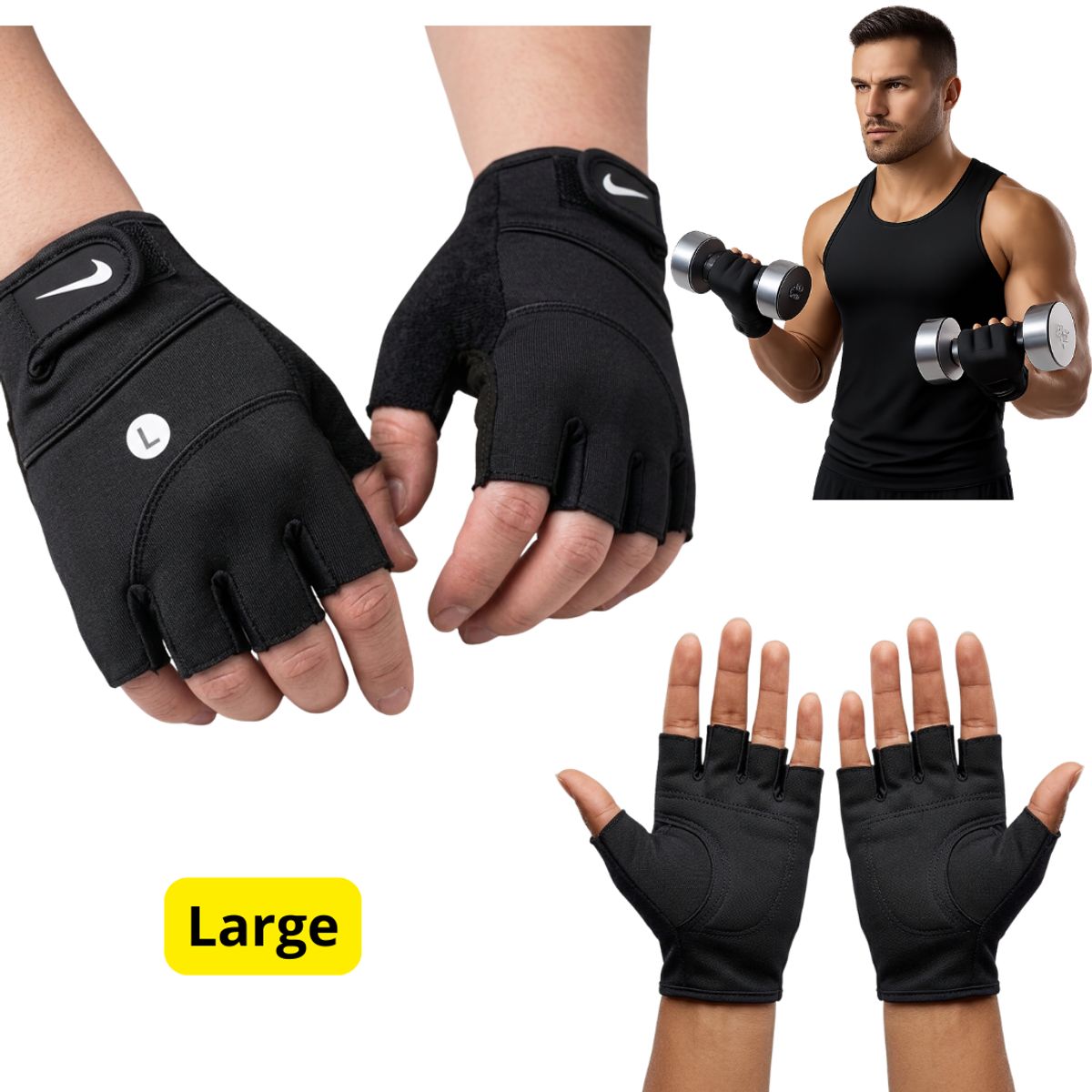 GENERICO - Guantes mitones color Negro Gym fitness Lycra LARGE