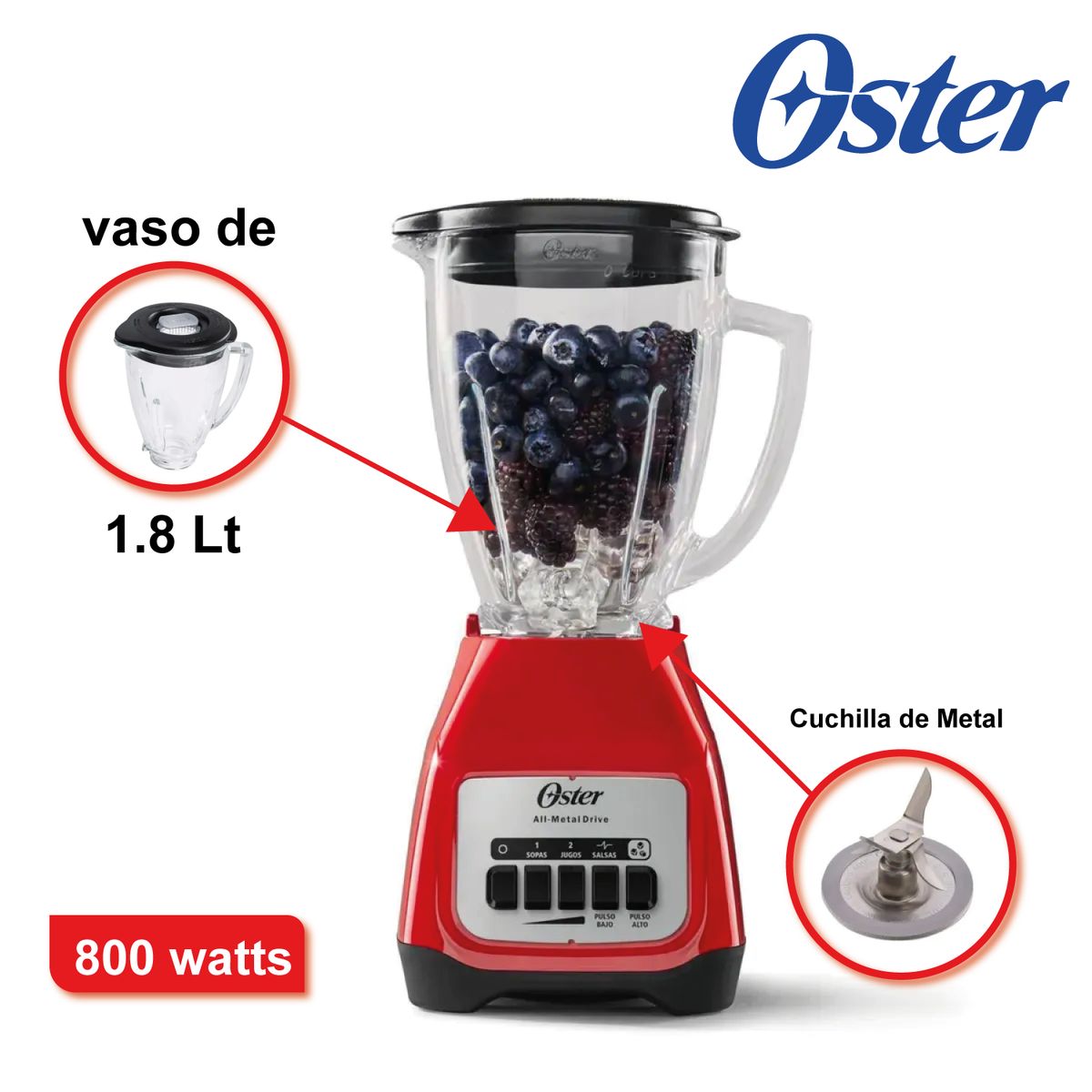 OSTER - Licuadora Oster 2 velocidades con doble Pulsador - Roja