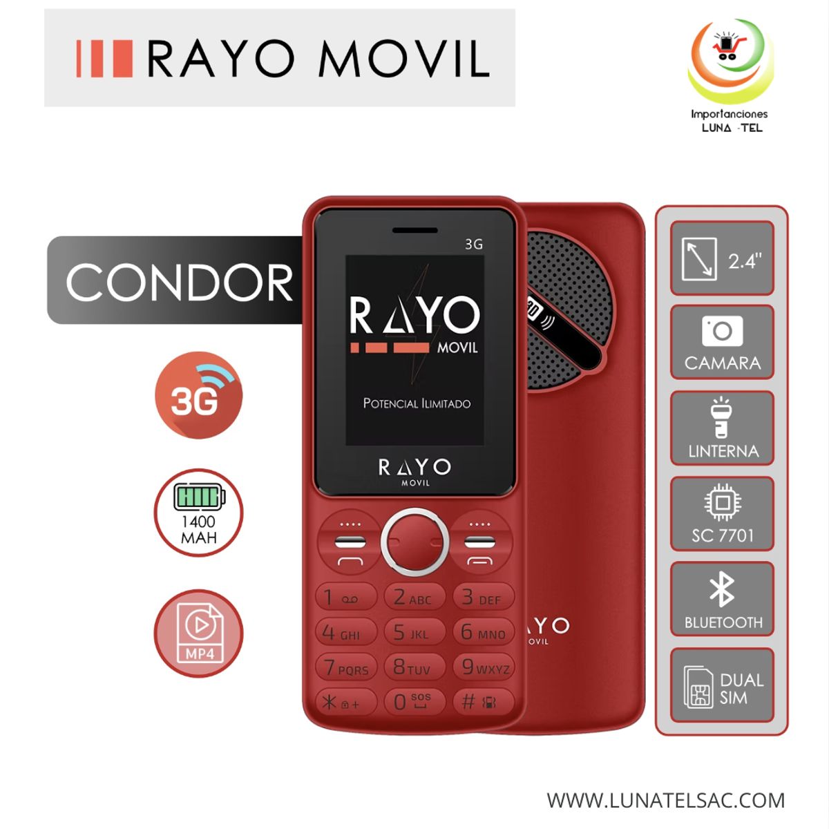 GENERICO - CELULAR RAYO 3G color  ROJO BATERIA DE 1400