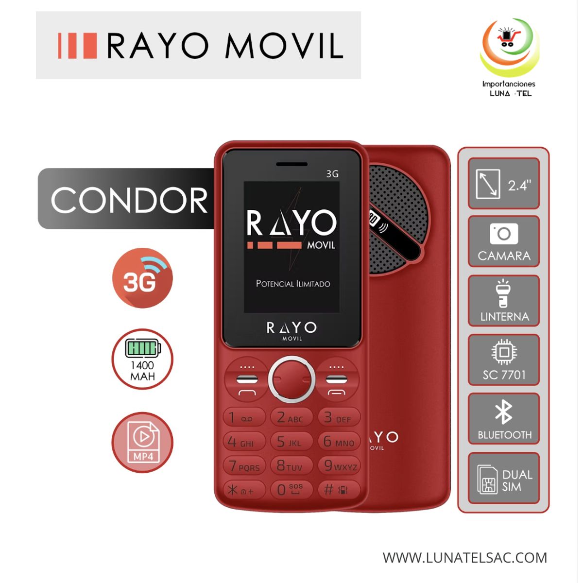 GENERICO - CELULAR RAYO 3G color  ROJO BATERIA DE 1400