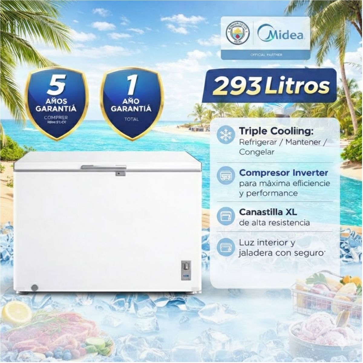 MIDEA - MDRC411FZR01PED - Congeladora Horizontal Triple Función 293Lts Inverter Blanca Midea
