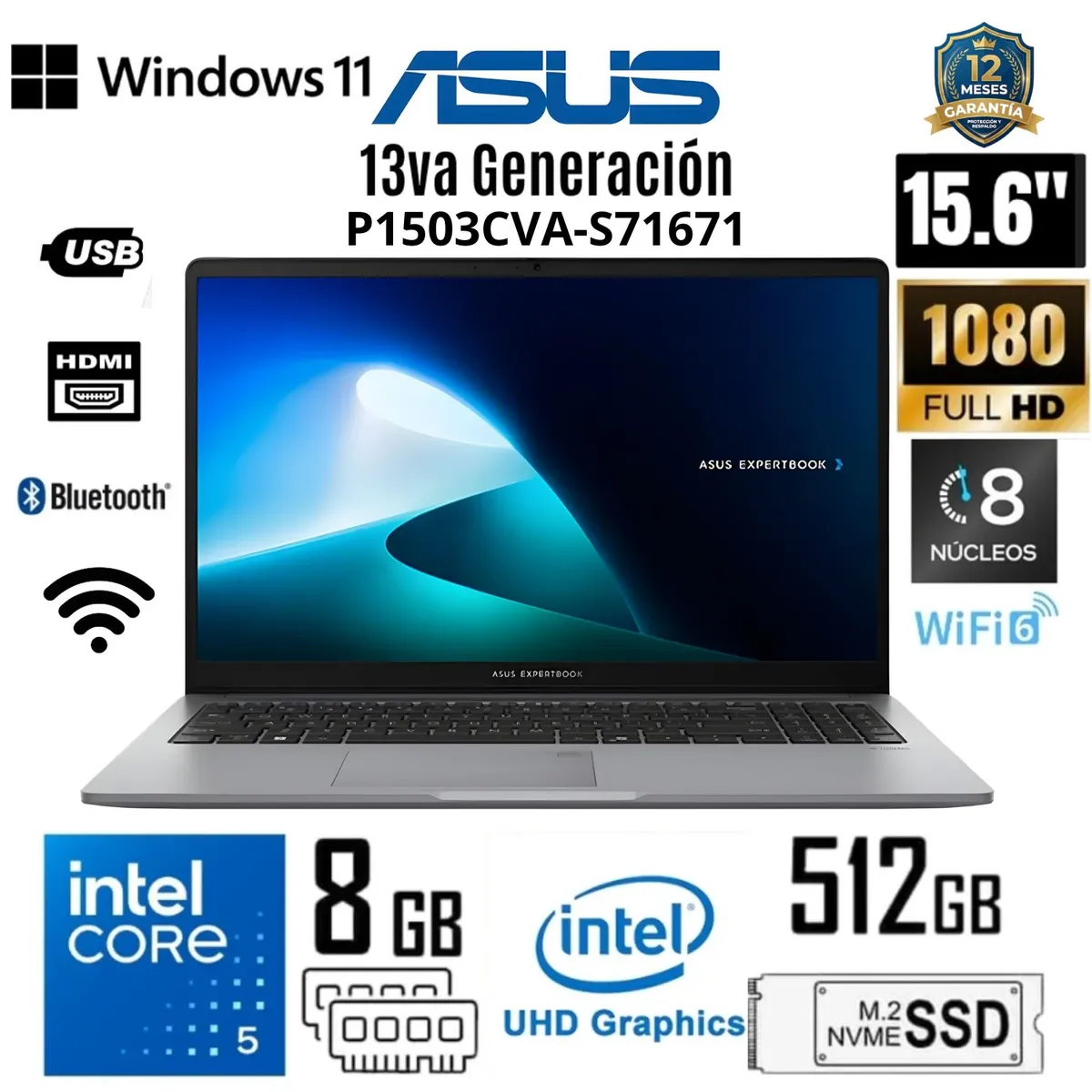 ASUS - Laptop ASUS ExpertBook P1503CVA-S71671 Intel Core i5-13420H 8GB DDR5 512GB SSD 15.6 FHD Gris Win11