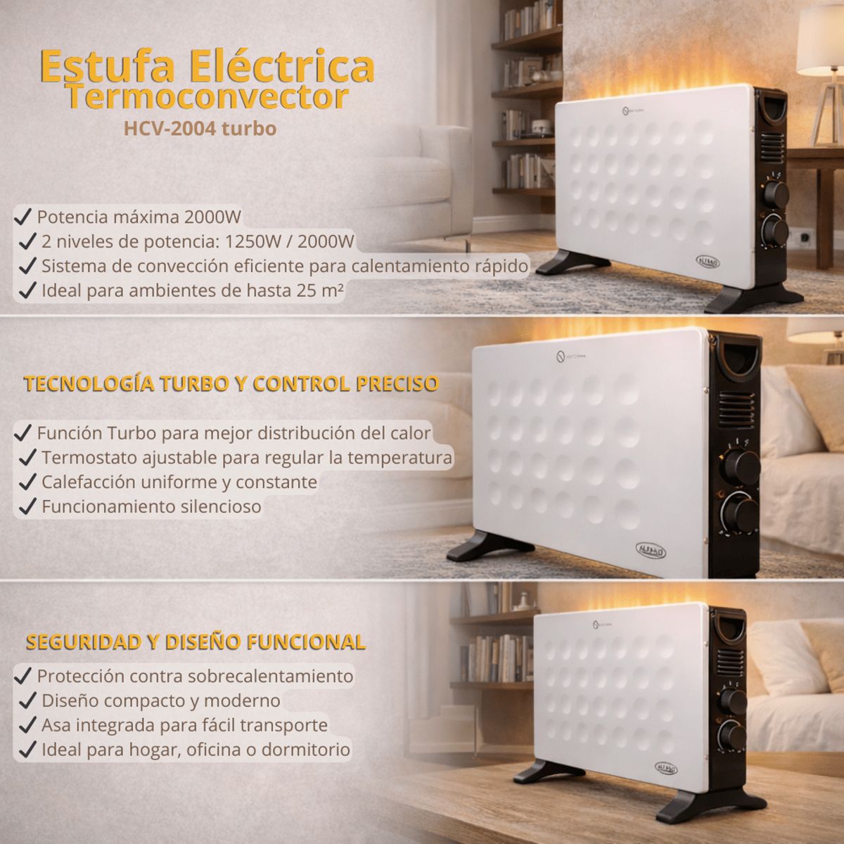 ALFANO - Estufa Eléctrica Termoconvector ALFANO Hasta 25 m2 2 niveles HCV-2004