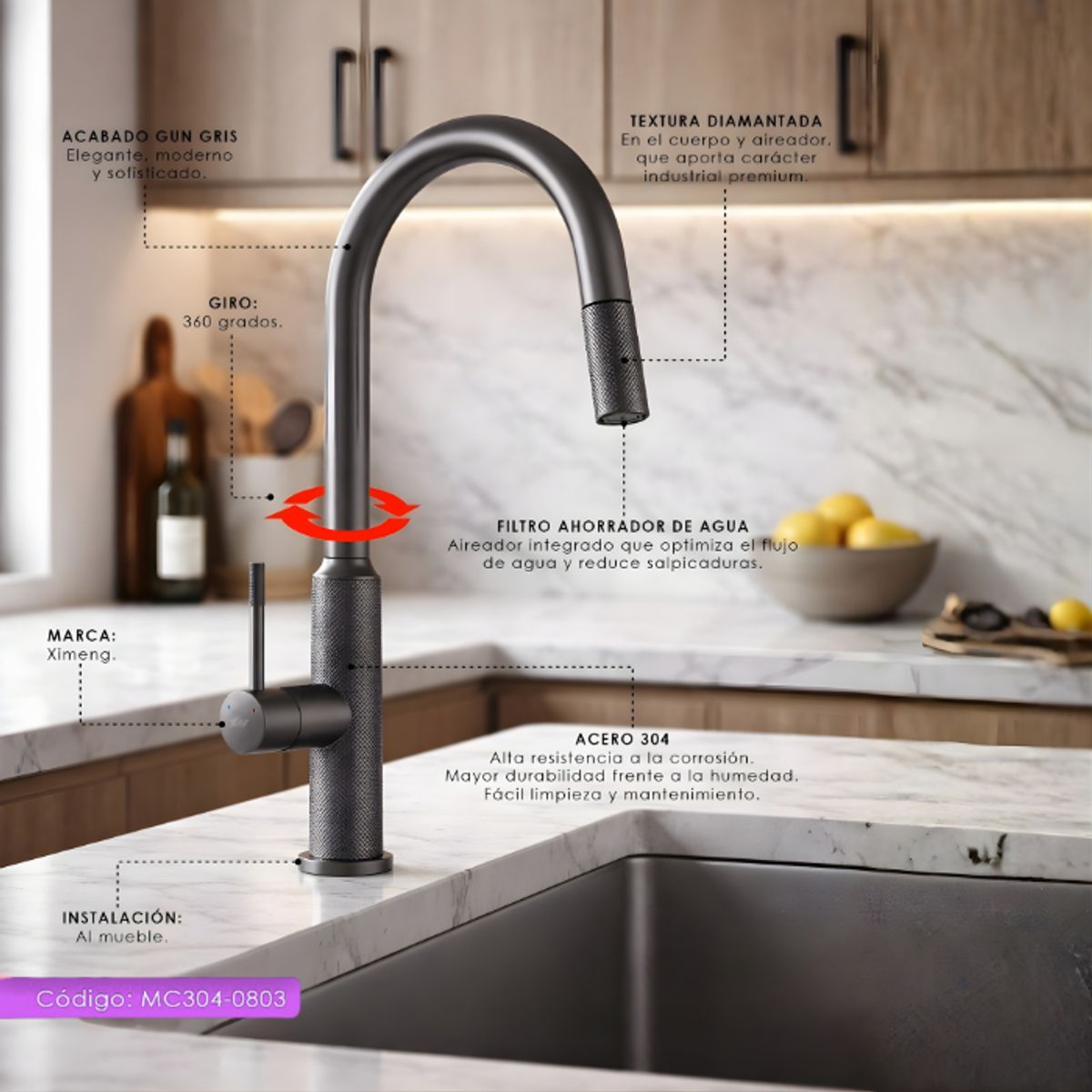 XM - MEZCLADORA MONOCOMANDO DE COCINA GUN GRIS  MC304-0803